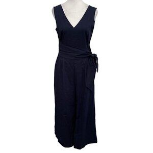 J.Crew Wrap-Tie Wide Leg V-Neck Jumpsuit Poplin Cotton Navy Blue Nautical size 4